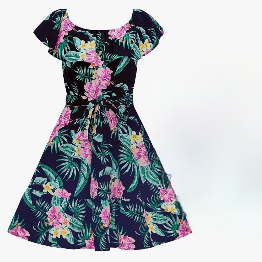 Navy Floral Ruffle tropical dress
